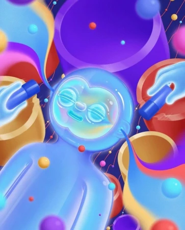Abstract digital art features a blue figure with a glass-like head, hands holding blue containers, and colorful spherical objects against a dark backdrop.