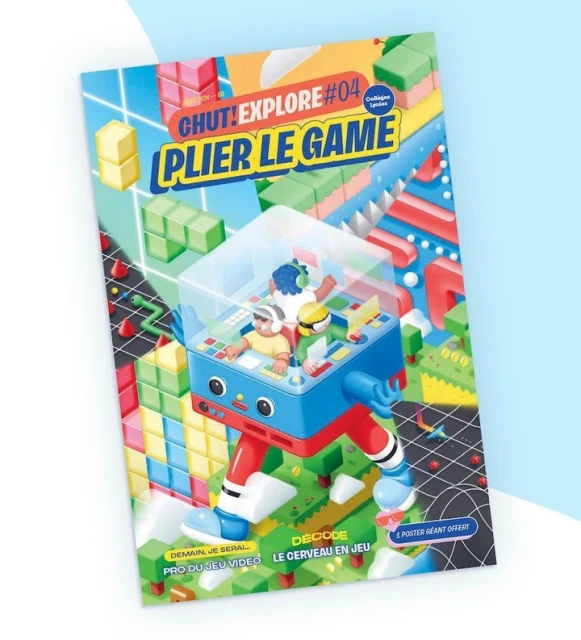 Magazine cover featuring a robot-like game console with human figures inside, surrounded by colorful blocky structures, blue background.