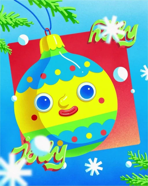 Illustration of a yellow cartoon Christmas ornament with facial features over a red background, with pine sprigs and snowflake details.