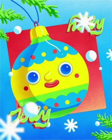 Illustration of a yellow cartoon Christmas ornament with facial features over a red background, with pine sprigs and snowflake details.
