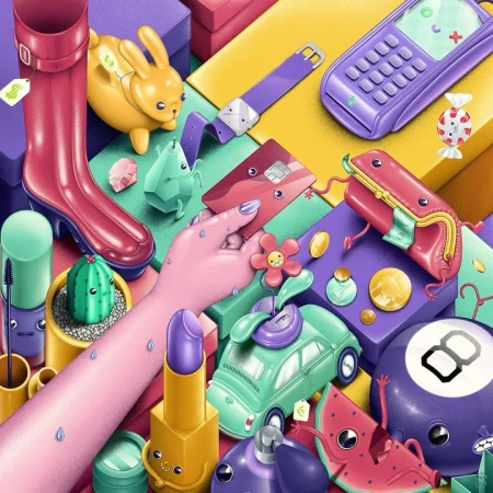 Illustration of colorful objects, including a credit card, lipstick, car, purse, and boot, arranged in a playful, eye-level composition.