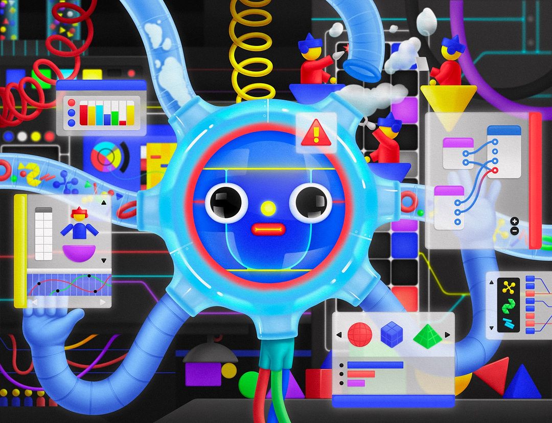 Vibrant digital art showcases a blue cartoon character amidst pipes, screens, and miniature figures in a whimsical, tech-infused environment.