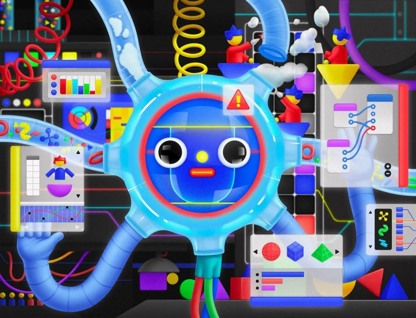 Vibrant digital art showcases a blue cartoon character amidst pipes, screens, and miniature figures in a whimsical, tech-infused environment.
