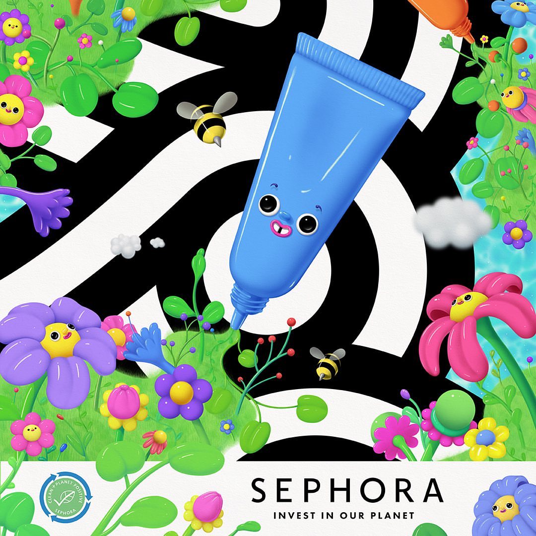 Whimsical cosmetic tube character surrounded by flowers on a bold graphic background, promoting Sephora's eco-friendly initiatives.