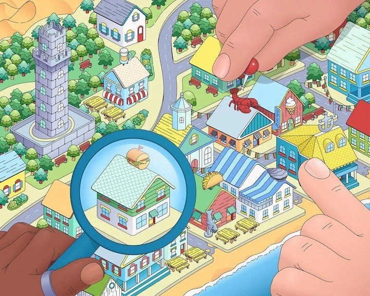 Illustration of a cartoon town map with houses, shops, and a tower, viewed through a magnifying glass, suggesting a playful exploration.