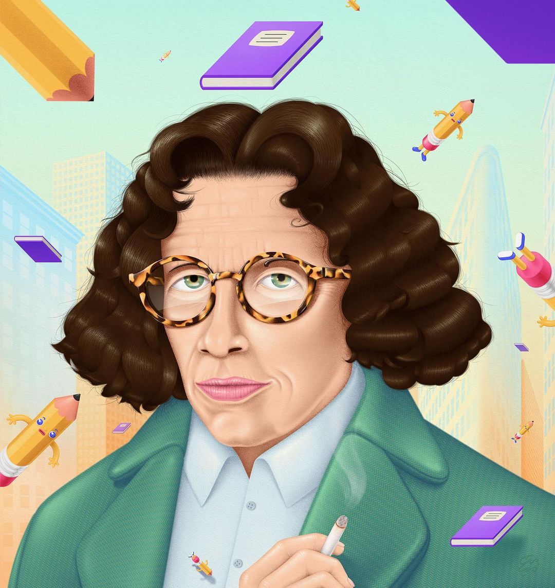 Illustration of a woman with curly hair and glasses holding a cigarette with cartoon pencils and notebooks floating in the background.