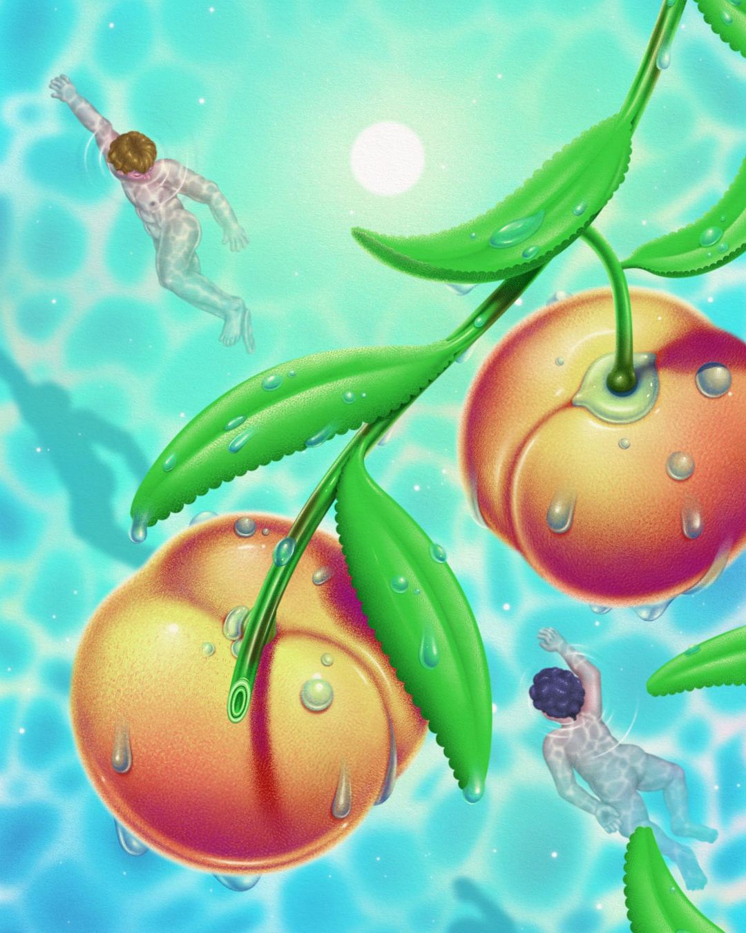Two figures swim in turquoise water with floating peaches on leafy branches, digital art illustration with a surreal, dreamy quality.