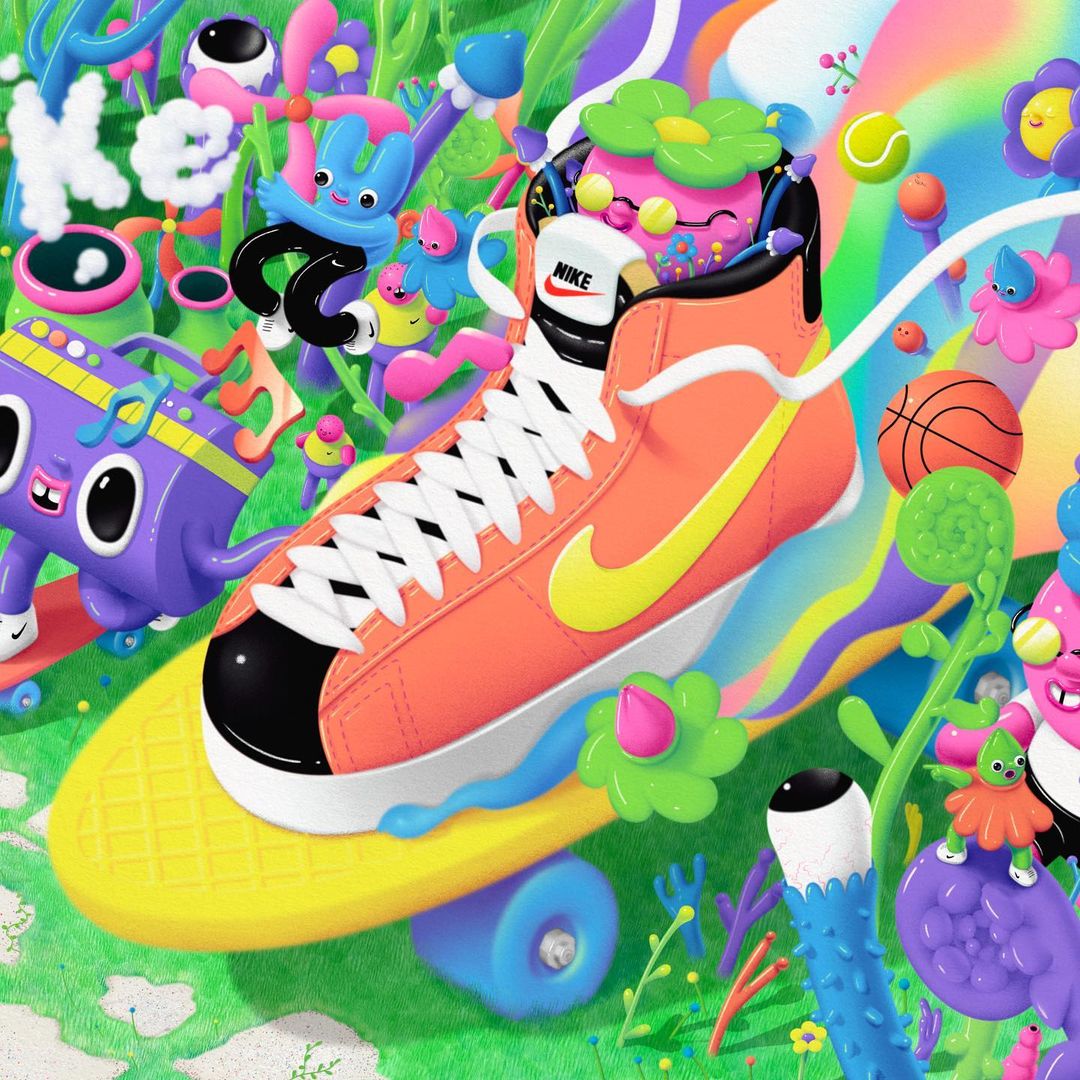 Colorful illustration featuring a sneaker on a skateboard surrounded by cartoon characters, flowers, and playful elements in a vibrant outdoor setting.