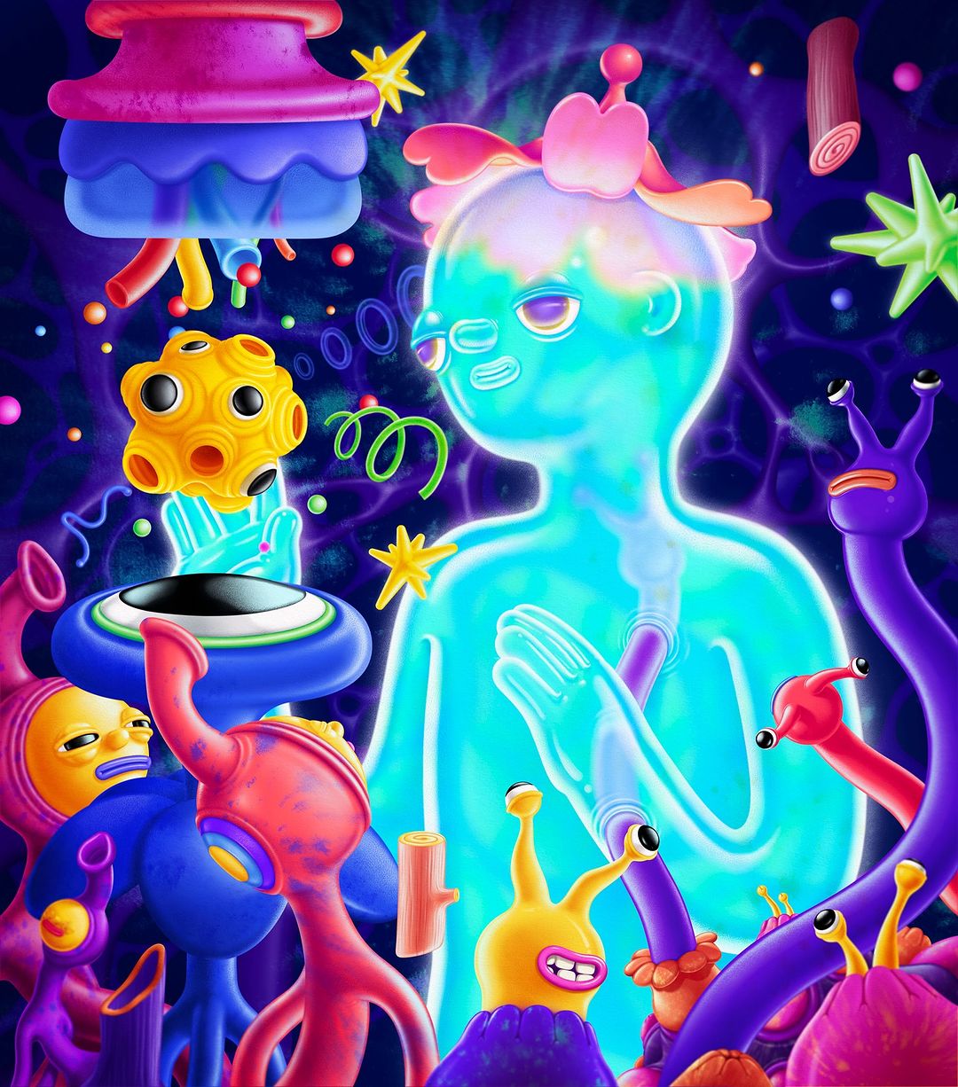Surreal digital art shows a blue glowing humanoid figure surrounded by cartoonish creatures and objects in a vibrant, otherworldly setting.