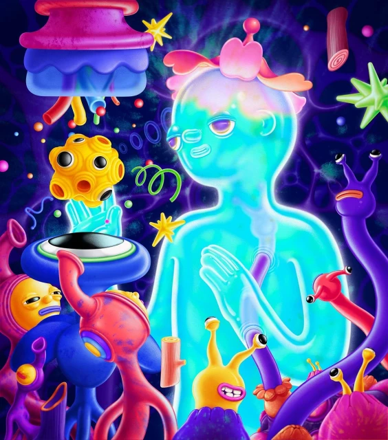 Surreal digital art shows a blue glowing humanoid figure surrounded by cartoonish creatures and objects in a vibrant, otherworldly setting.