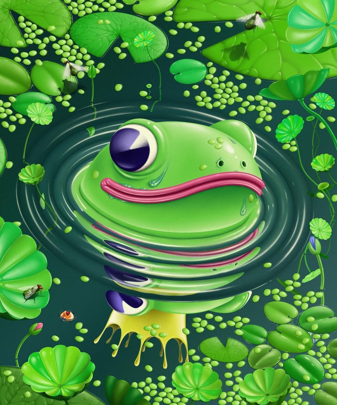 Illustration of a green frog in water surrounded by lily pads and small seeds, rendered with CGI and illustrative techniques.