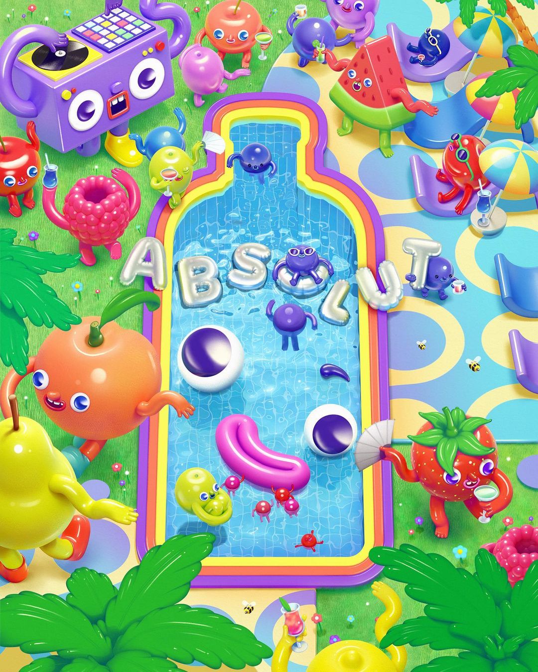 Whimsical cartoon fruits gather around a pool in the shape of a liquor bottle, surrounded by patterned ground and tropical plants.