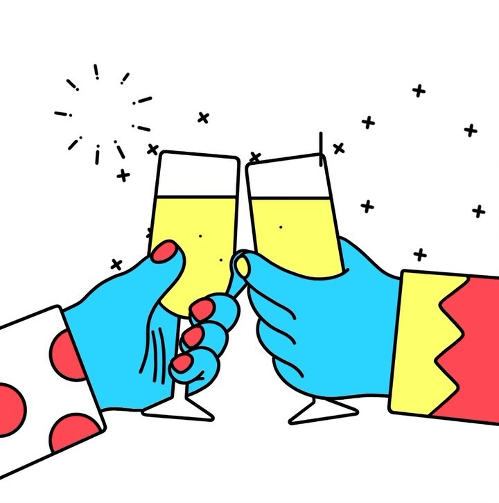 Two blue hands in cartoon style raise champagne glasses to celebrate. The champagne is yellow. The background is white with black plus signs.