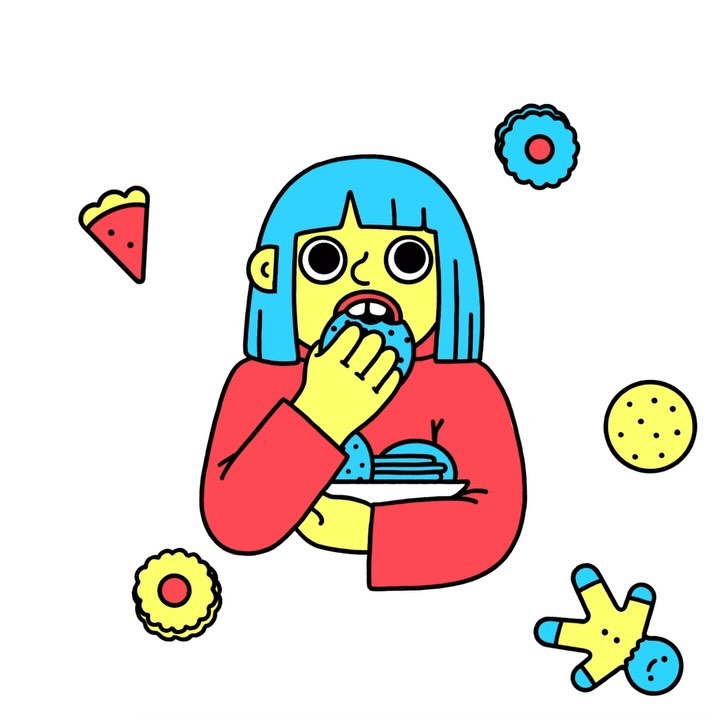 Cartoon illustration of a person with blue hair eating a cookie, surrounded by other desserts, drawn in a vibrant, graphic style.