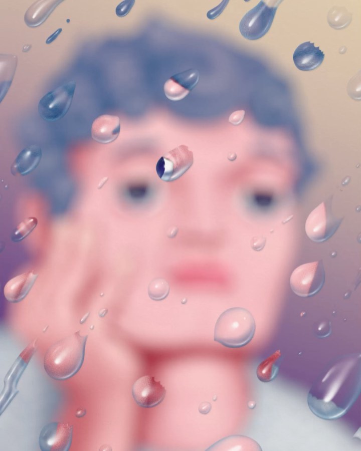 Impressionistic digital painting of a blurry person behind a window covered in water droplets creating a sense of abstraction and reflection.
