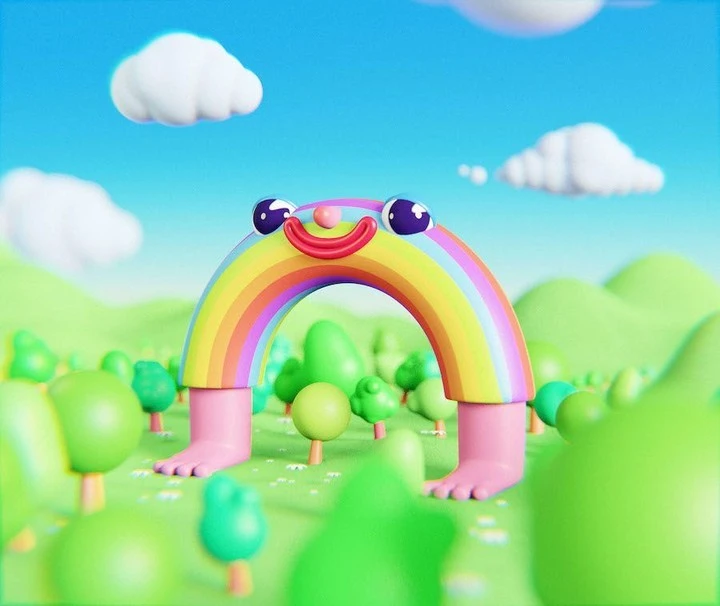 Cartoon rainbow character with human legs stands in green landscape under blue sky with clouds in this playful digital art.