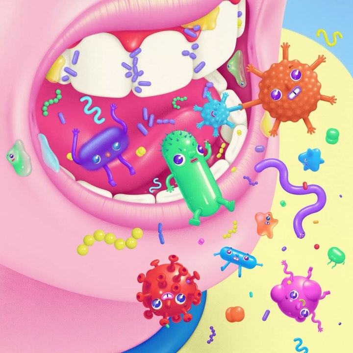 Cartoon mouth interior with colorful bacteria and germs. Dental hygiene concept illustration. Oral health awareness graphic.