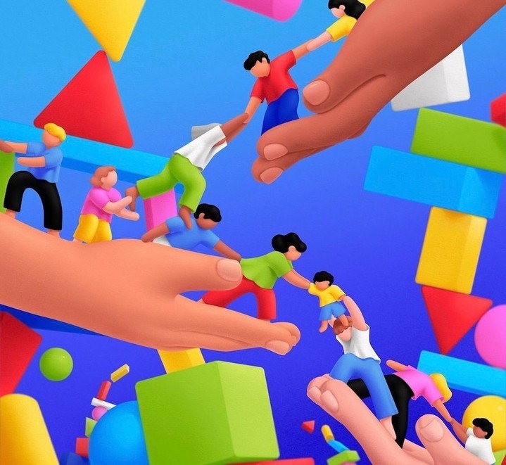 AI-generated image features miniature people on giant hands amidst colorful geometric shapes against a blue background, symbolizing connection.