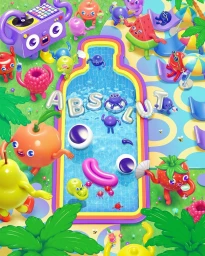 Colorful 3D illustration of anthropomorphic fruit characters relaxing by a swimming pool with silver inflatable lettering spelling out Absolut