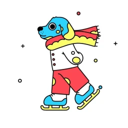 Digital illustration of an anthropomorphic blue dog wearing a red and yellow scarf, white shirt, and red trousers while ice skating