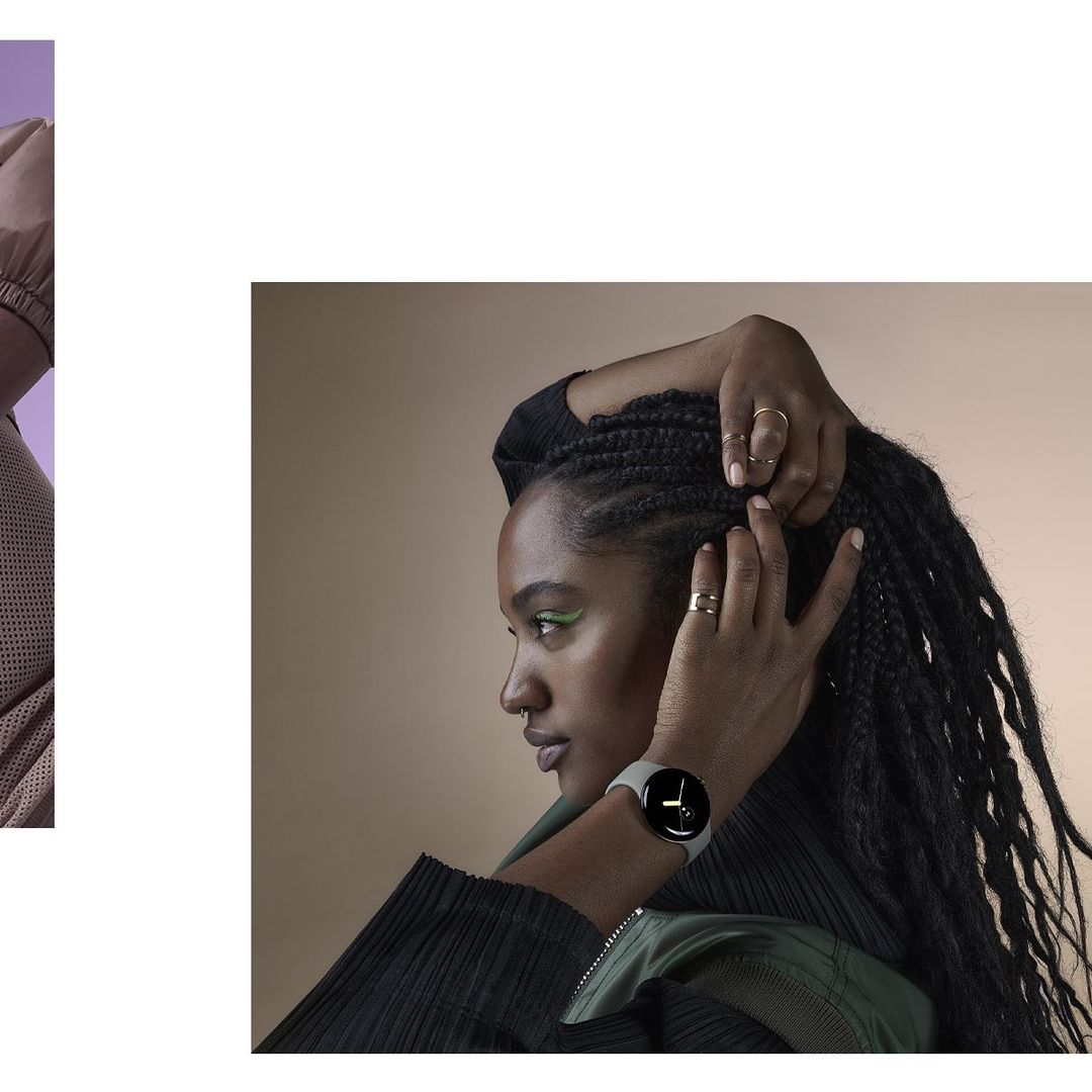 Woman with braided hair wearing a smartwatch in a studio setting, showcasing beauty and technology with a soft, diffused lighting.