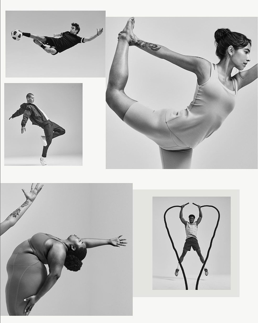 Black and white composite of athletic people doing yoga, kicking soccer ball, jumping with fitness ropes and dancing, on light grey background.