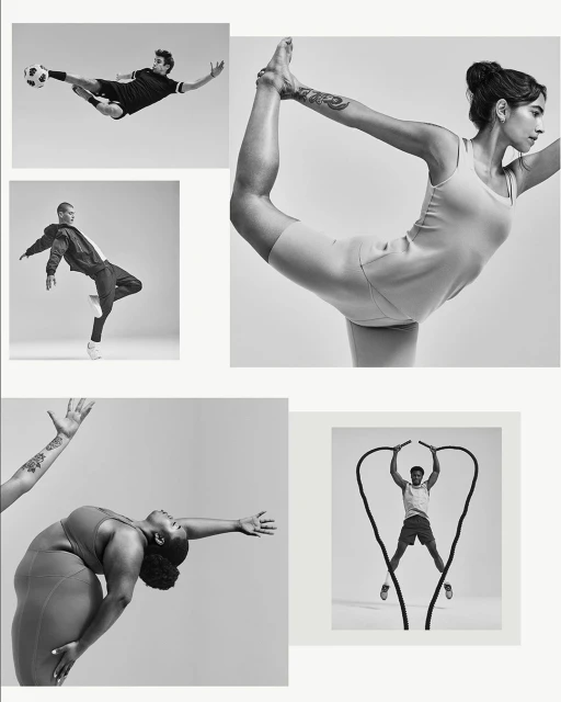 Black and white composite of athletic people doing yoga, kicking soccer ball, jumping with fitness ropes and dancing, on light grey background.