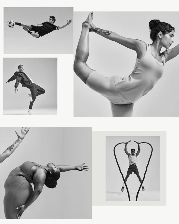 Black and white composite of athletic people doing yoga, kicking soccer ball, jumping with fitness ropes and dancing, on light grey background.