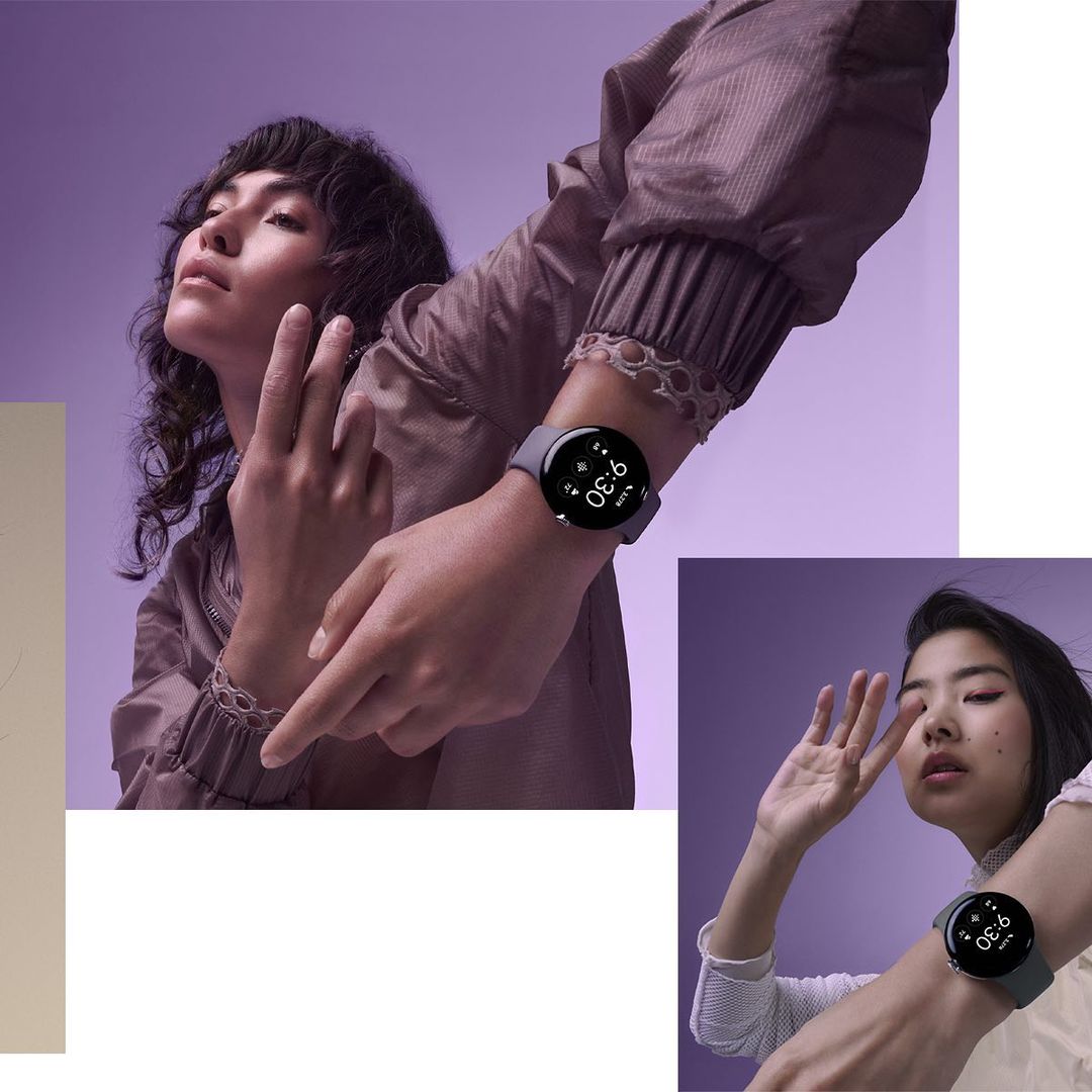 Two women pose with smartwatches in front of a purple backdrop, showcasing wearable technology and modern lifestyle accessories.