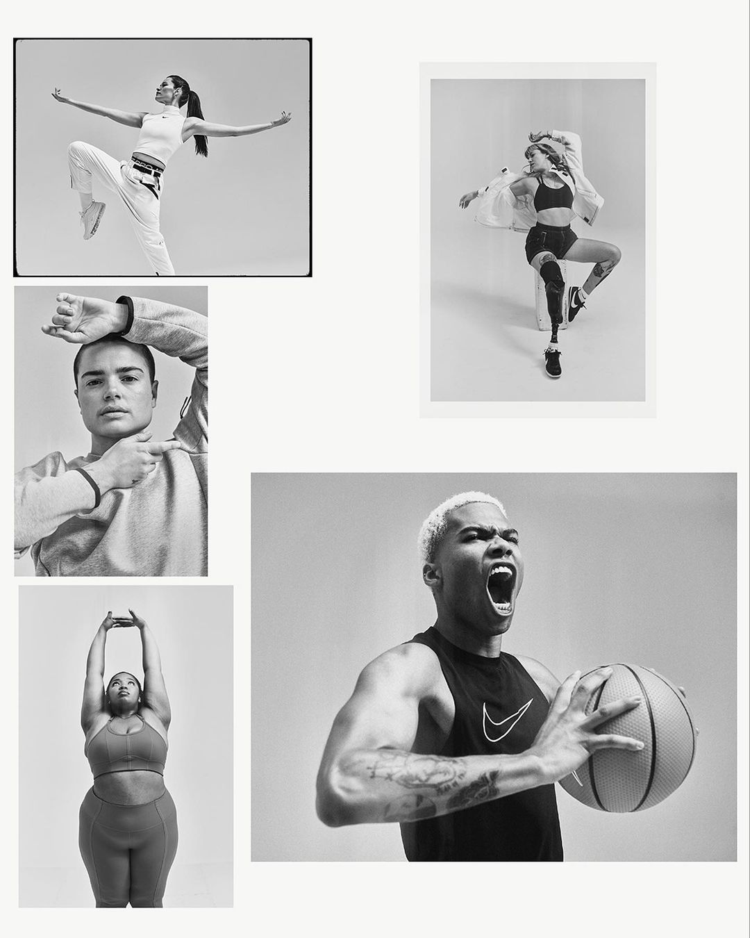 Black and white collage of five models showcasing sportswear in various poses, shot in a photo studio with a bright neutral backdrop.