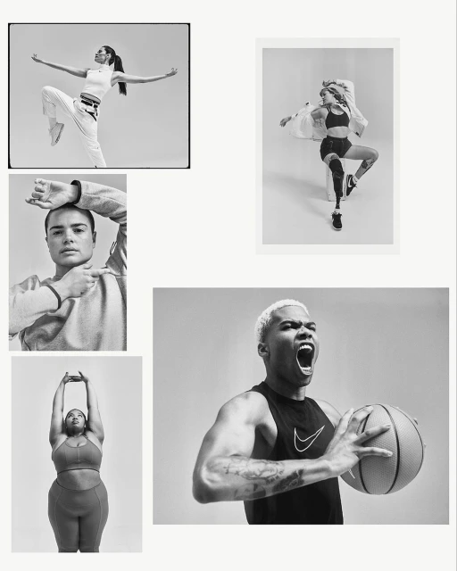 Black and white collage of five models showcasing sportswear in various poses, shot in a photo studio with a bright neutral backdrop.