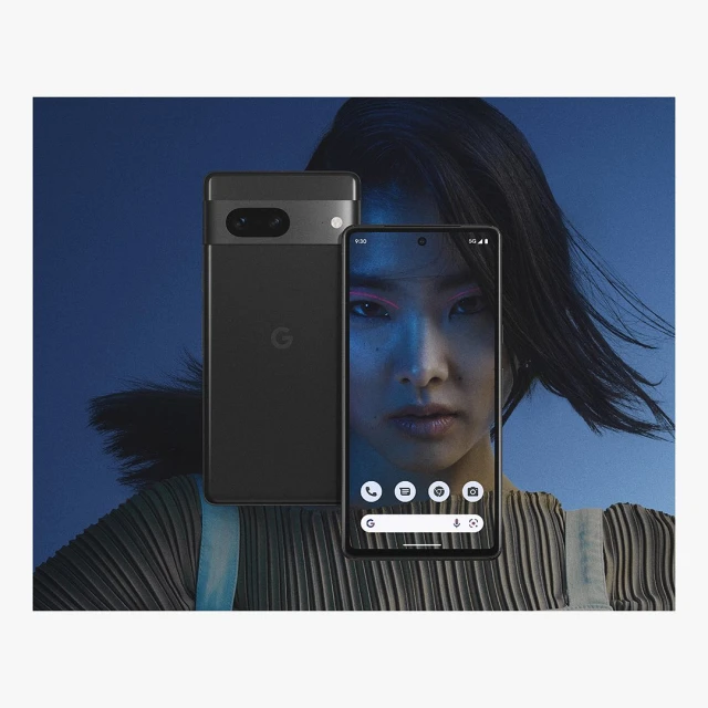 Two Google Pixel phones, one gray and one on showing a woman's face, displayed against a blurred navy background.