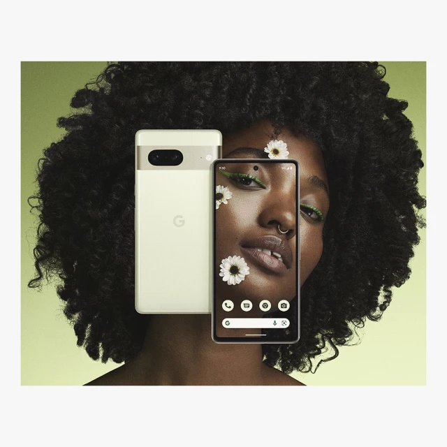 Striking studio shot of a Black female model showcasing two Google Pixel phones, adorned with floral accents against a soft green backdrop.