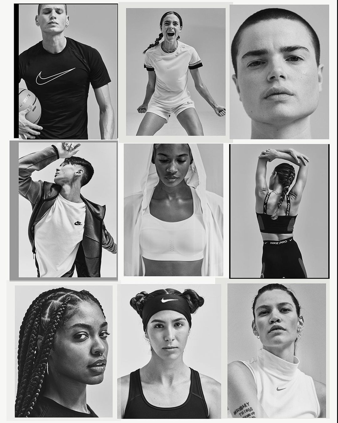 Black-and-white studio shot of nine diverse athletes wearing Nike apparel, showcasing a collage-style image for a fitness campaign.