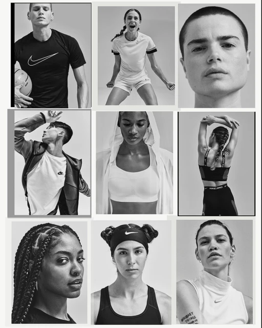 Black-and-white studio shot of nine diverse athletes wearing Nike apparel, showcasing a collage-style image for a fitness campaign.