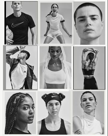 Black-and-white studio shot of nine diverse athletes wearing Nike apparel, showcasing a collage-style image for a fitness campaign.