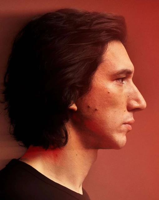 Portrait of adult male with dark hair, facing right, in a close-up studio shot with diffused lighting, showcasing fine skin texture.