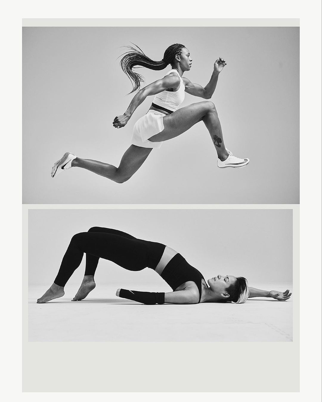 Two women in activewear demonstrate yoga and running exercises in a monochrome studio setting, promoting fitness and athletic performance.