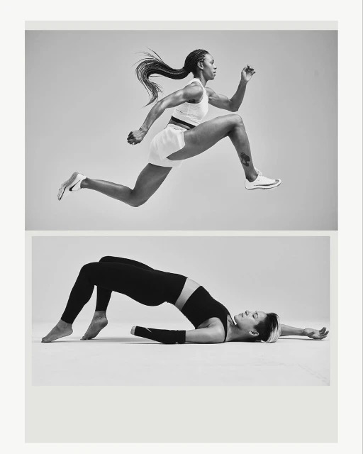 Two women in activewear demonstrate yoga and running exercises in a monochrome studio setting, promoting fitness and athletic performance.