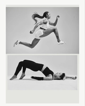 Two women in activewear demonstrate yoga and running exercises in a monochrome studio setting, promoting fitness and athletic performance.