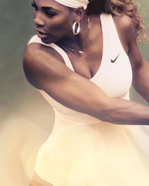 Professional photo of tennis player Serena Williams wearing a white tennis dress with Nike logo and white headband with hoop earrings.