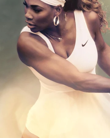 Professional photo of tennis player Serena Williams wearing a white tennis dress with Nike logo and white headband with hoop earrings.