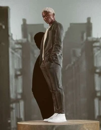 Full-length portrait of a man with bleached blonde hair wearing a grey suit jacket and trousers standing on a circular platform