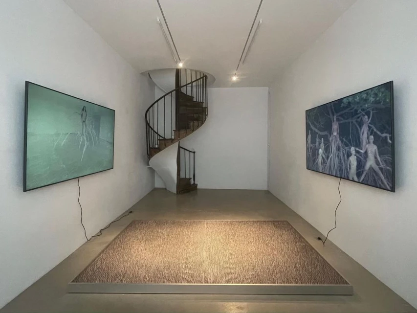 Art gallery interior with two large screens displaying human figures near tree roots, a spiral staircase, and a textured floor display.