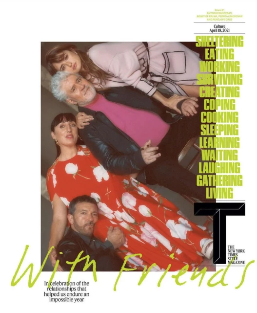 Magazine cover featuring three adults and one adult male reclining. Text overlay includes the words: Sheltering, eating, working, surviving.