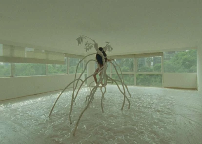 Person poses with an art installation resembling tree roots in a minimalist room with large windows and plastic flooring, creating an abstract scene.