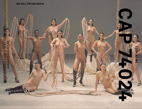 Eleven women pose nude in a photo studio, holding tan cords, with black text overlay, in an image promoting Carlota Guerrero and Casey Cadwallader.