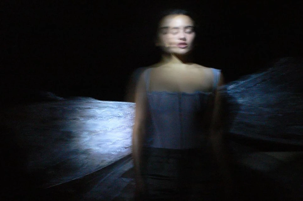 Monochromatic, blurred portrait of a woman with dark hair and a light-colored dress in a dimly lit, indoor setting with a shallow depth of field.