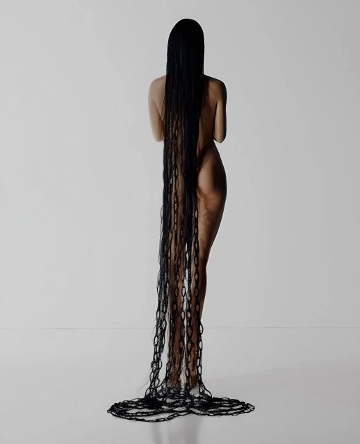 Back view of a nude adult female with long black hair braided into a chain, posing in a bright white studio. Fashion beauty portrait.