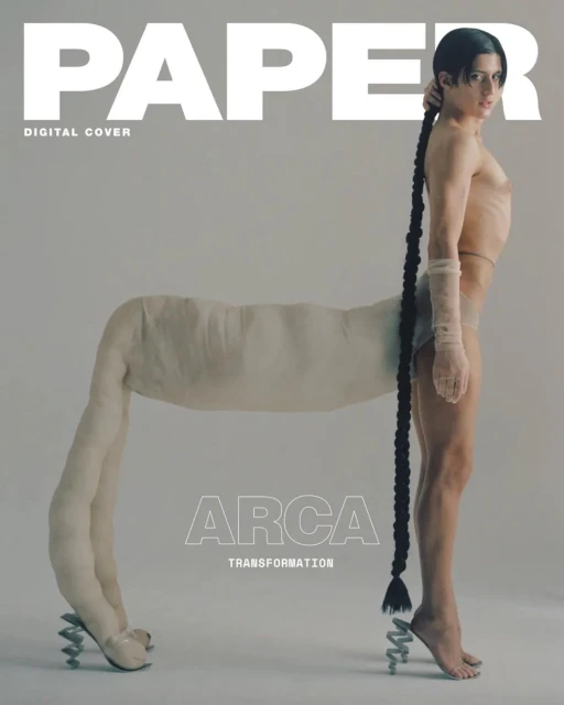 Paper Magazine cover featuring a person with a long braid and a horse-like body, blending human and animal features in a studio setting.